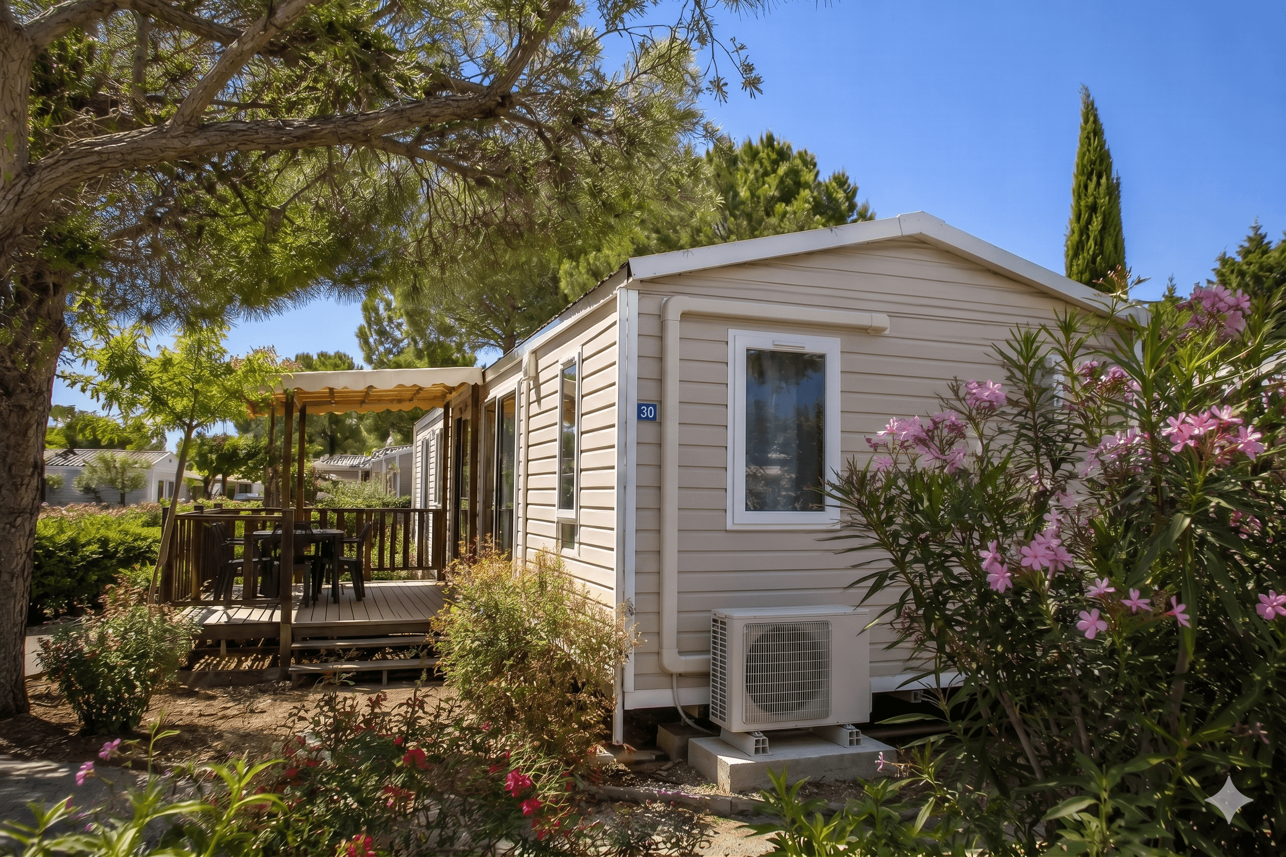 Mobil-home avec unité extérieure de climatisation